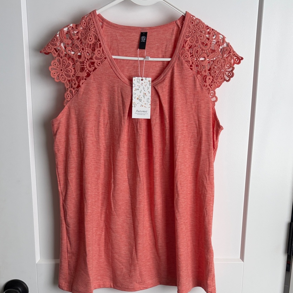 Elegant Coral Lace Sleeve Blouse